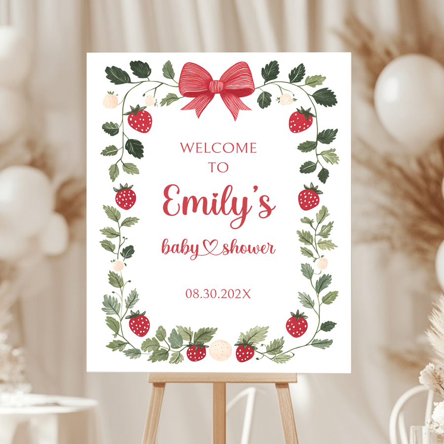 Baby Shower Welcome Sign - White Strawberry Berry Sweet Neutral Vintage Floral BS63