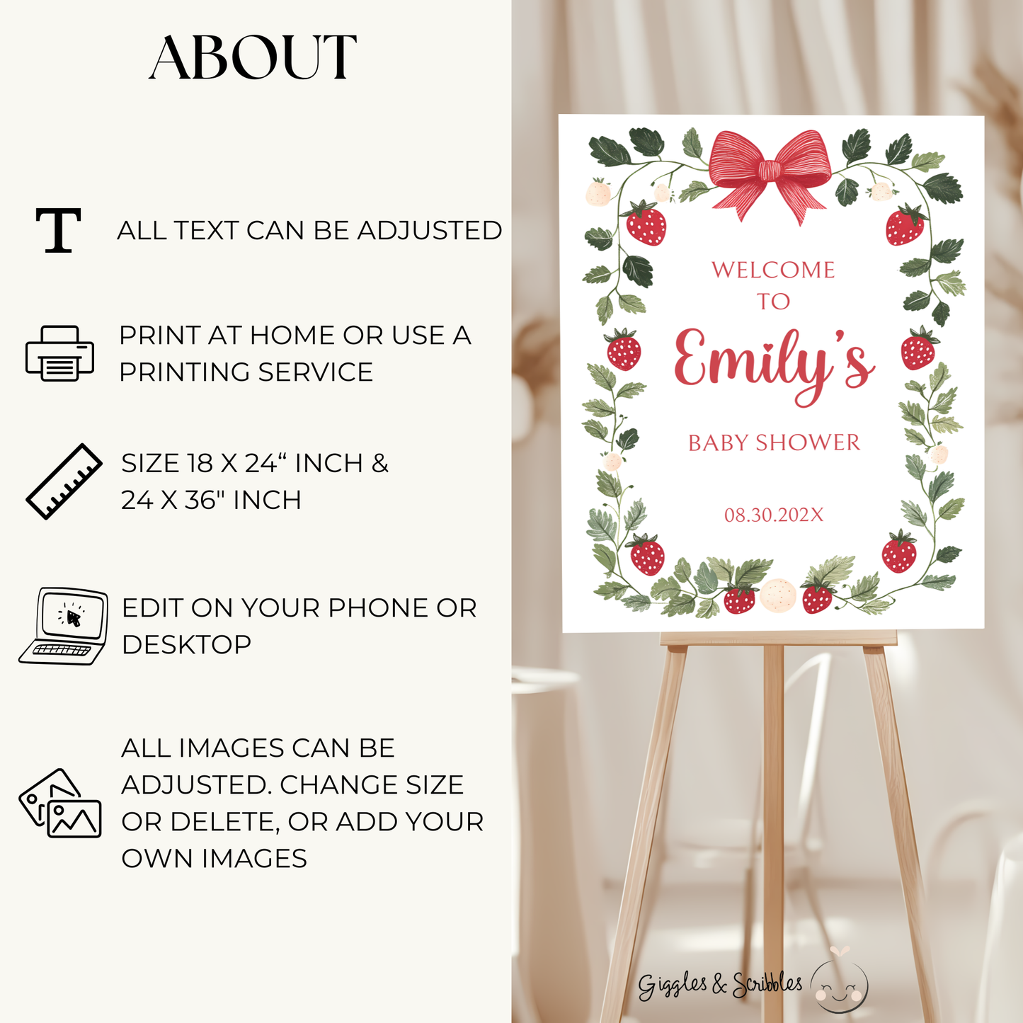 Baby Shower Welcome Sign - White Strawberry Berry Sweet Neutral Vintage Floral BS63