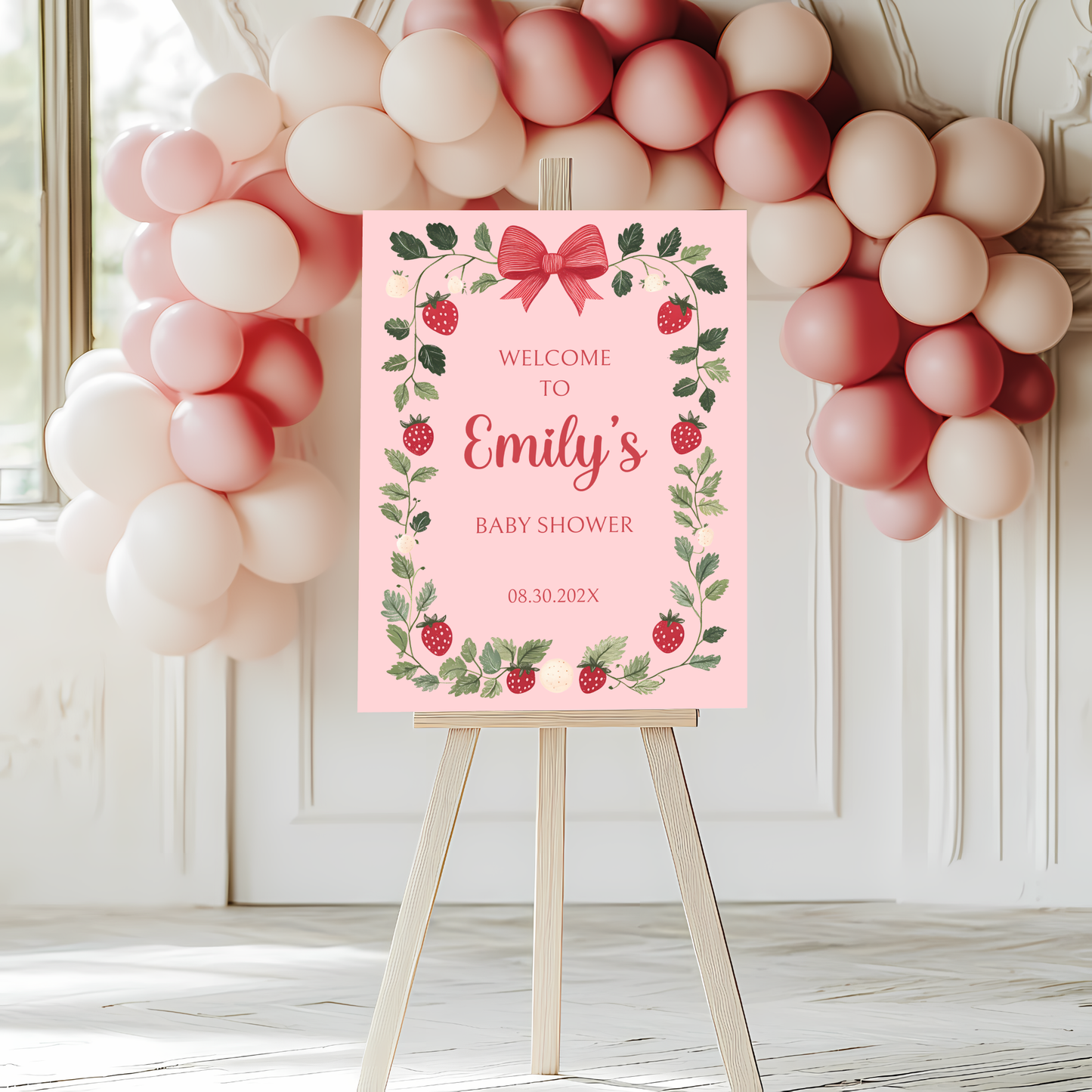 Baby Shower Welcome Sign - Pink Strawberry Berry Sweet Vintage Floral BS63