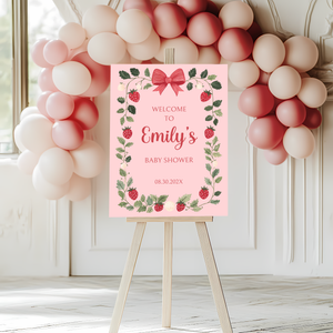 Baby Shower Welcome Sign - Pink Strawberry Berry Sweet Vintage Floral BS63
