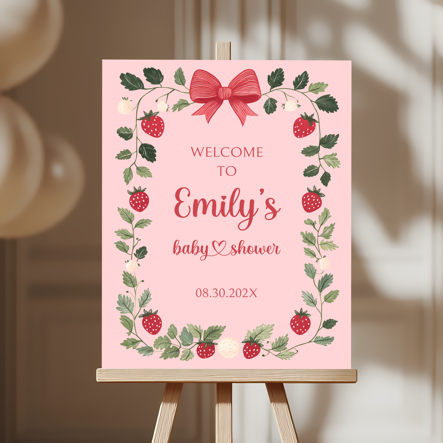 Baby Shower Welcome Sign - Pink Strawberry Berry Sweet Vintage Floral BS63