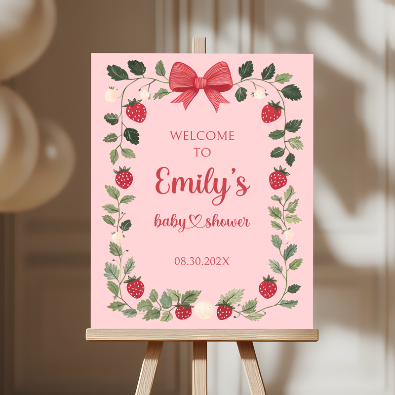 Baby Shower Welcome Sign - Pink Strawberry Berry Sweet Vintage Floral BS63
