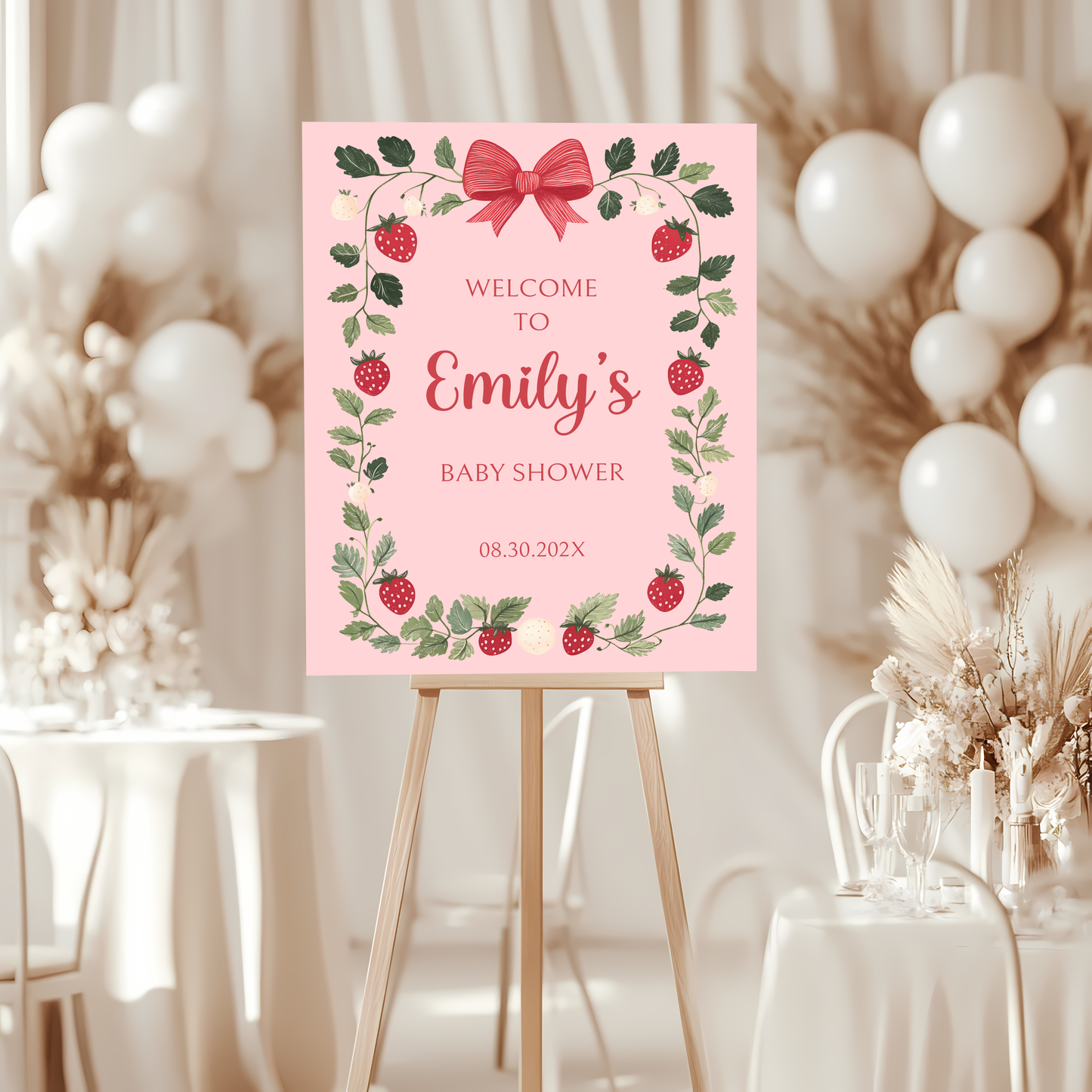 Baby Shower Welcome Sign - Pink Strawberry Berry Sweet Vintage Floral BS63