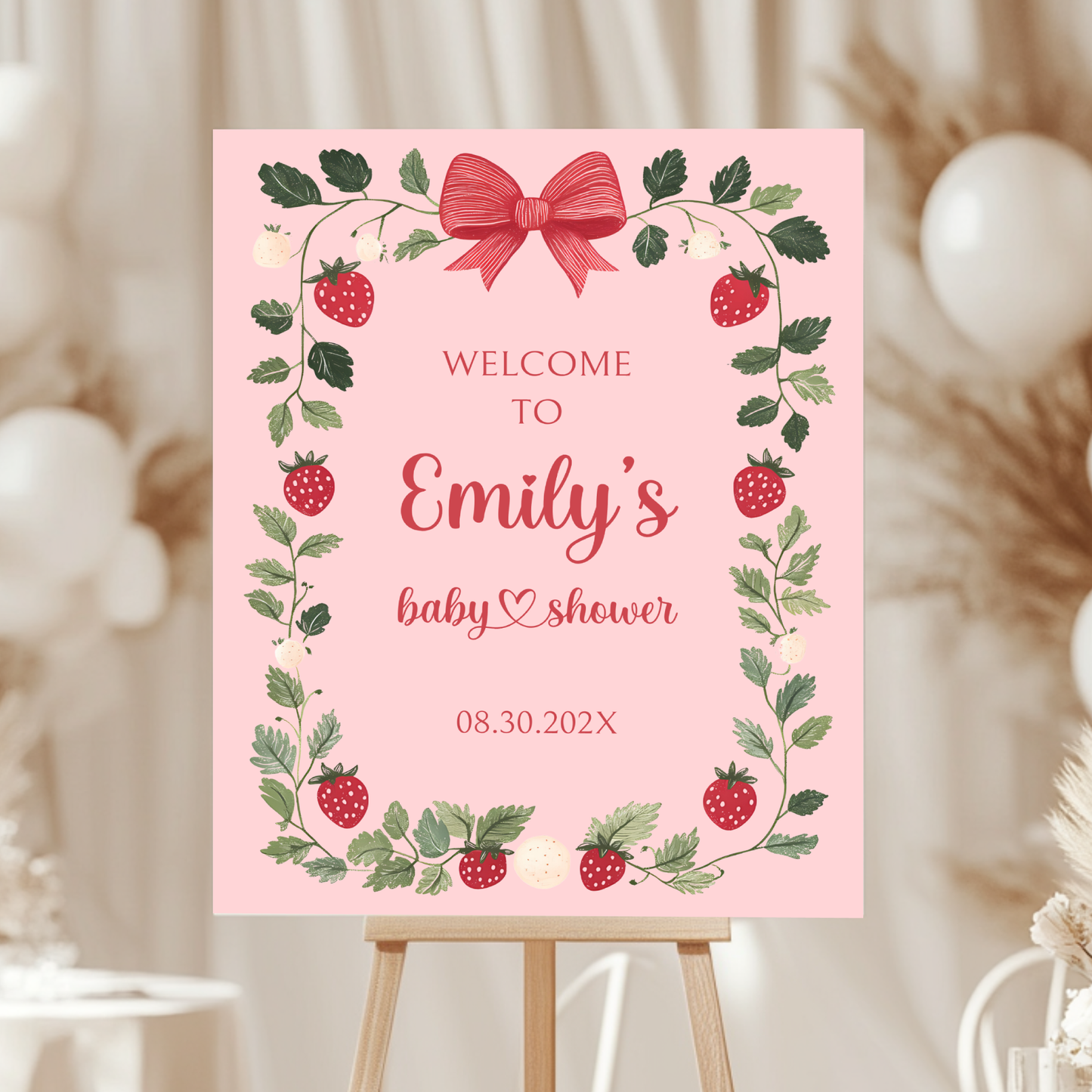Baby Shower Welcome Sign - Pink Strawberry Berry Sweet Vintage Floral BS63