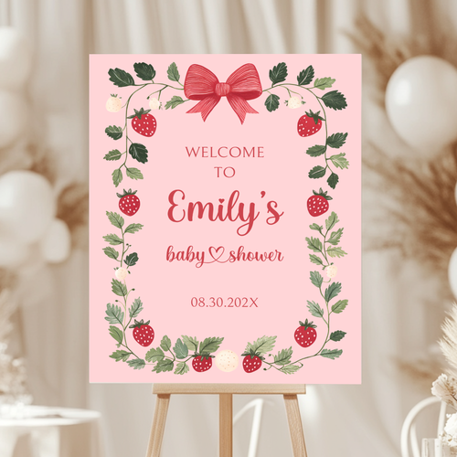 Baby Shower Welcome Sign - Pink Strawberry Berry Sweet Vintage Floral BS63