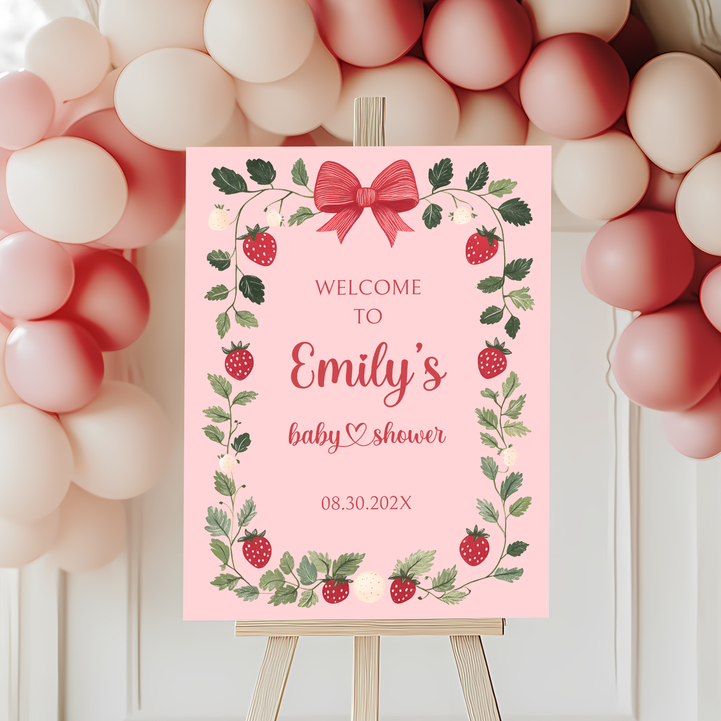 Baby Shower Welcome Sign - Pink Strawberry Berry Sweet Vintage Floral BS63