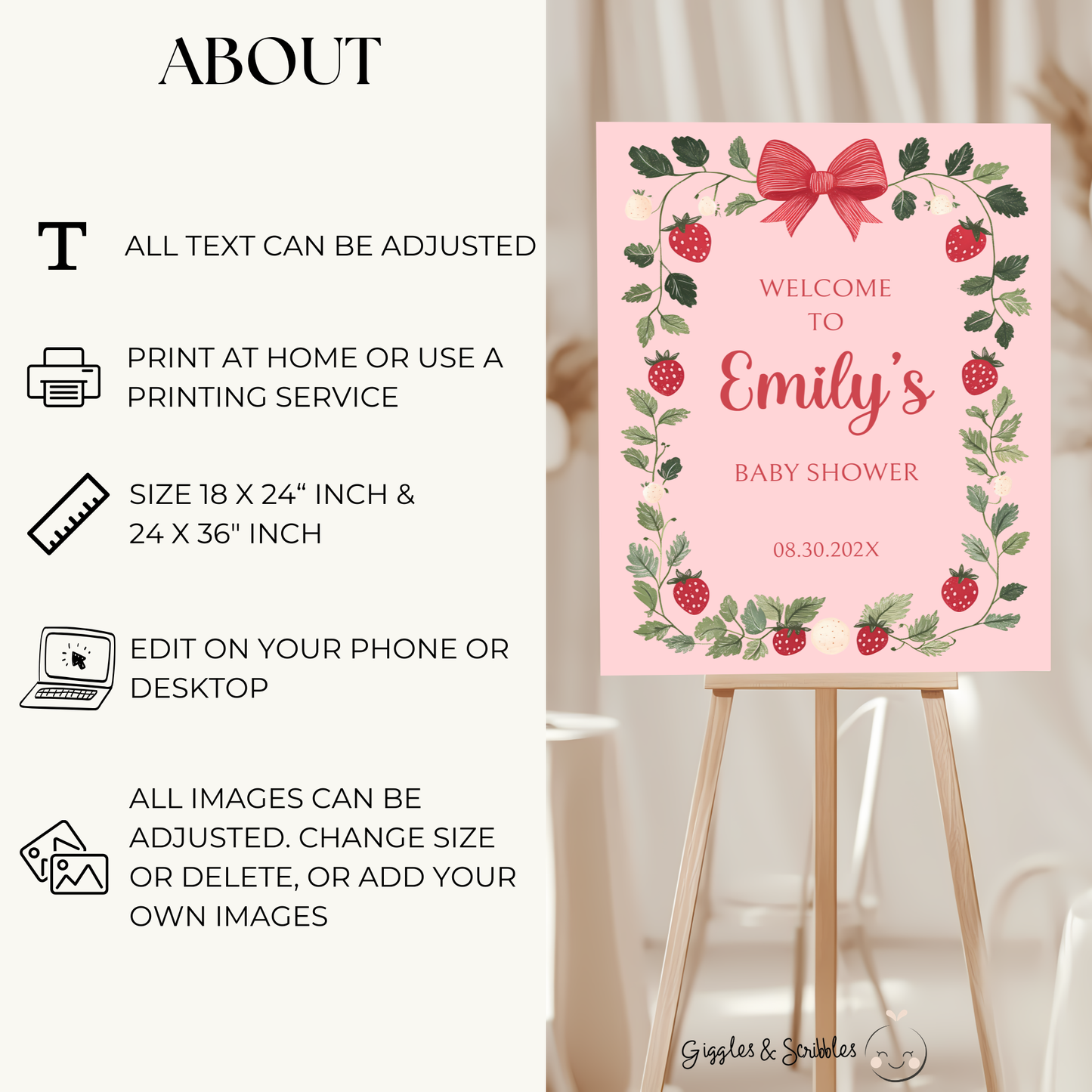 Baby Shower Welcome Sign - Pink Strawberry Berry Sweet Vintage Floral BS63