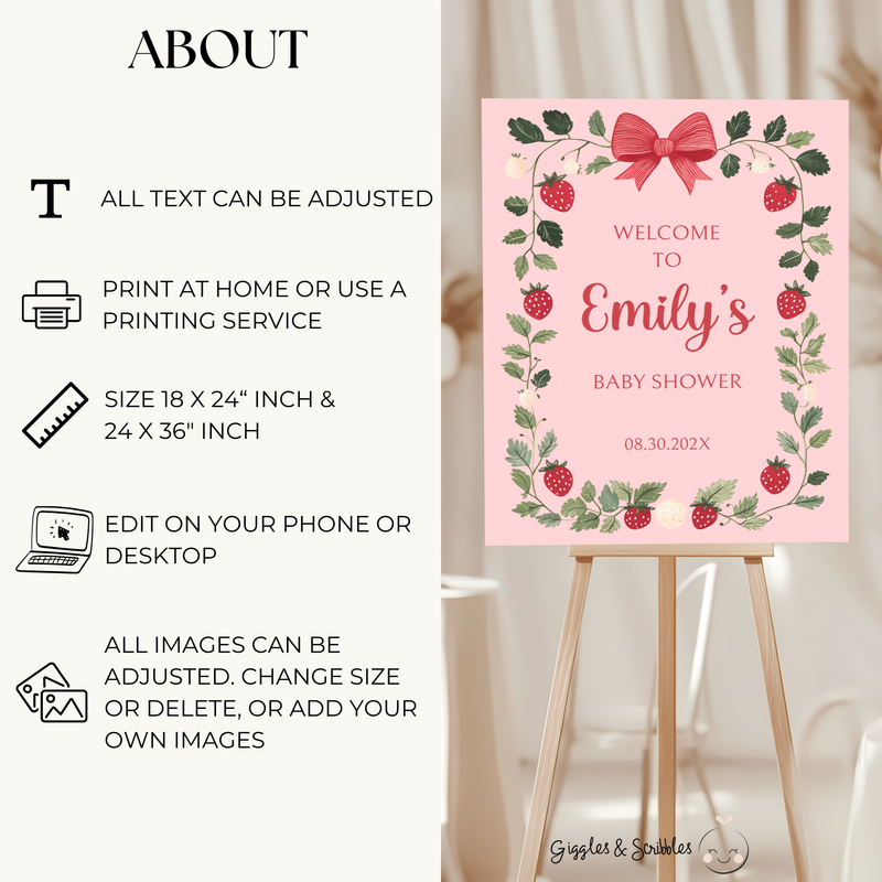Baby Shower Welcome Sign - Pink Strawberry Berry Sweet Vintage Floral BS63