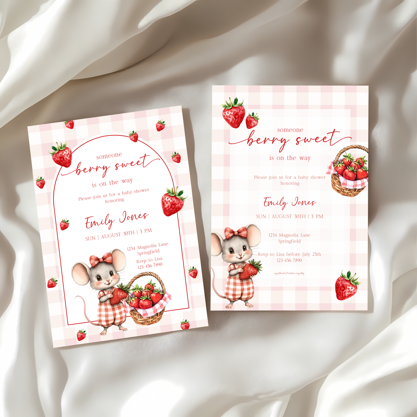 Baby Shower Invitation - Strawberry Summer Picnic with Cute Mouse BS138