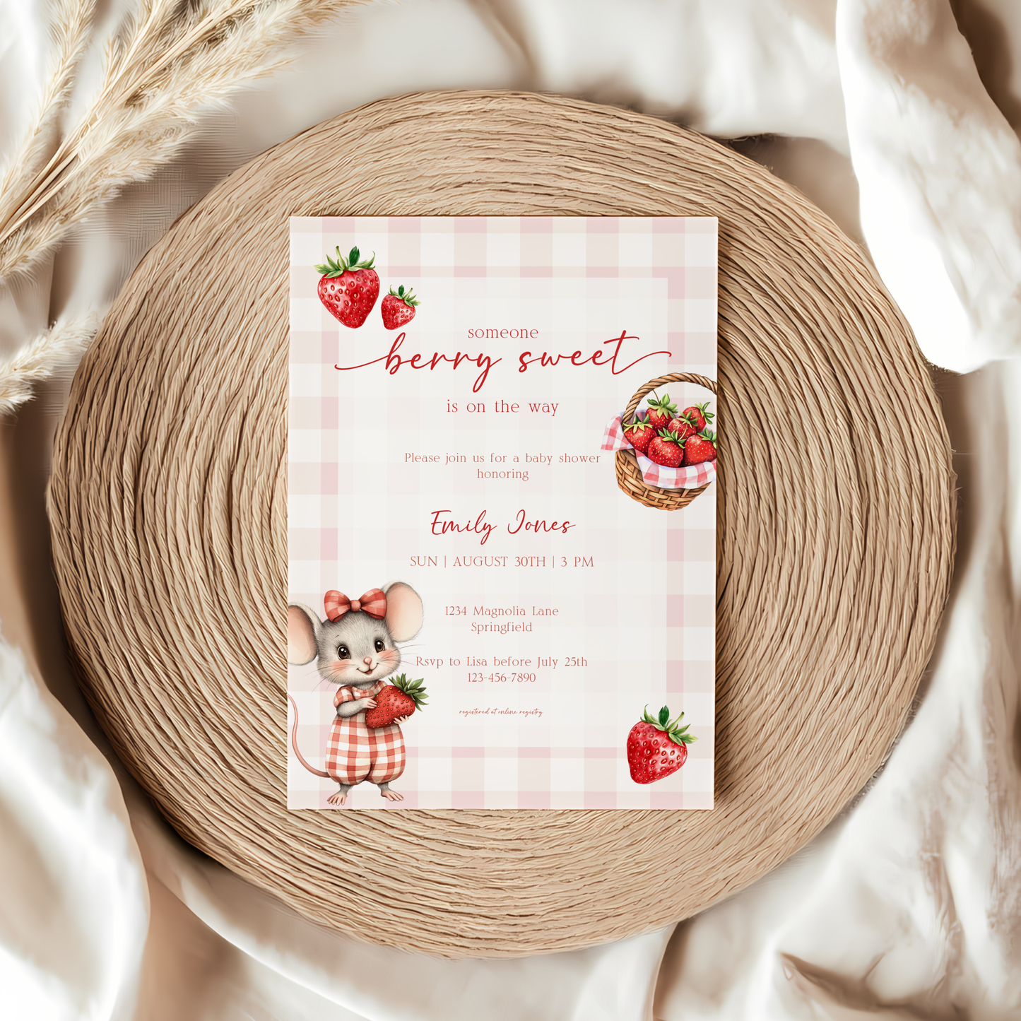 Baby Shower Invitation - Strawberry Summer Picnic with Cute Mouse BS138