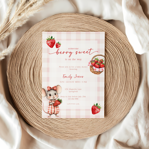 Baby Shower Invitation - Strawberry Summer Picnic with Cute Mouse BS138