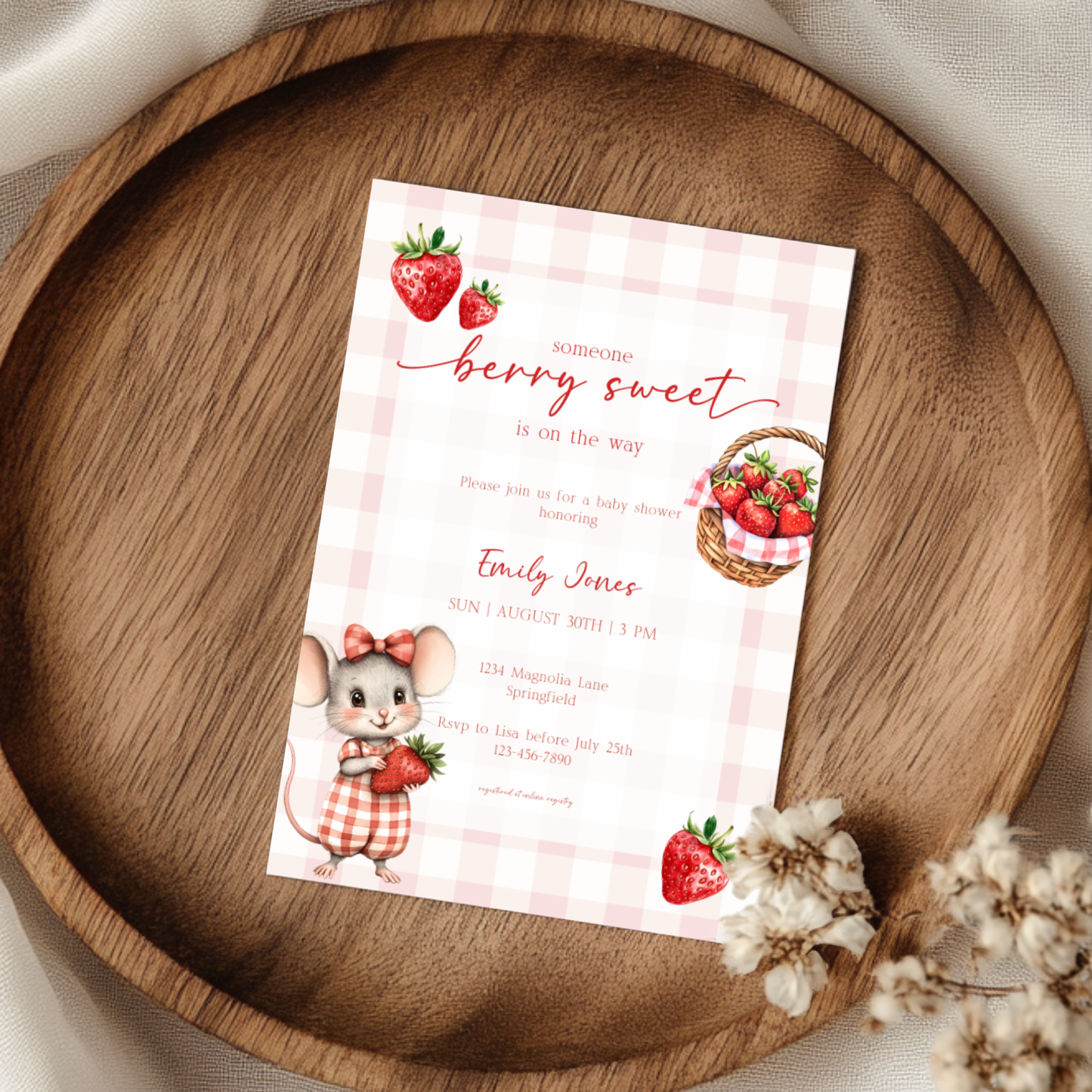 Baby Shower Invitation - Strawberry Summer Picnic with Cute Mouse BS138