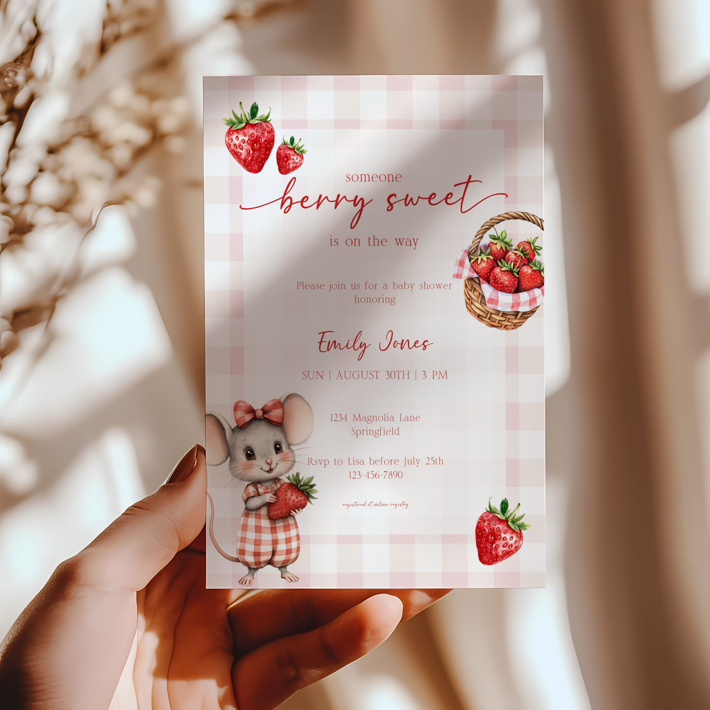 Baby Shower Invitation - Strawberry Summer Picnic with Cute Mouse BS138