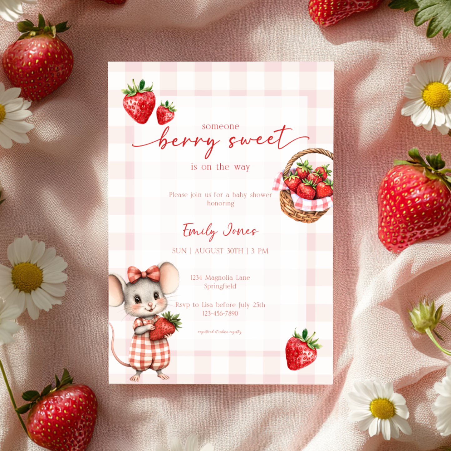 Baby Shower Invitation - Strawberry Summer Picnic with Cute Mouse BS138