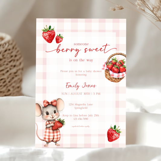 Baby Shower Invitation - Strawberry Summer Picnic with Cute Mouse BS138