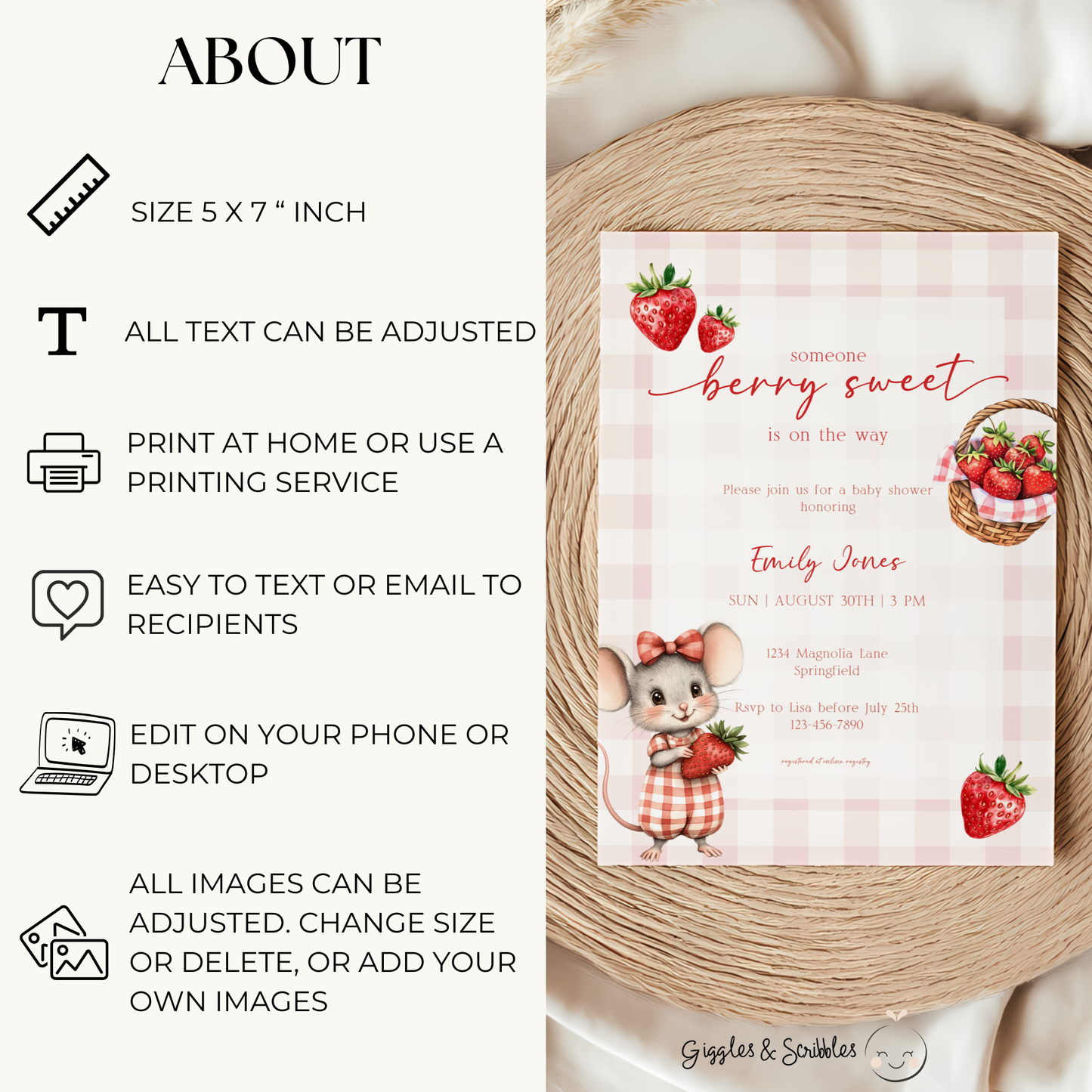 Baby Shower Invitation - Strawberry Summer Picnic with Cute Mouse BS138