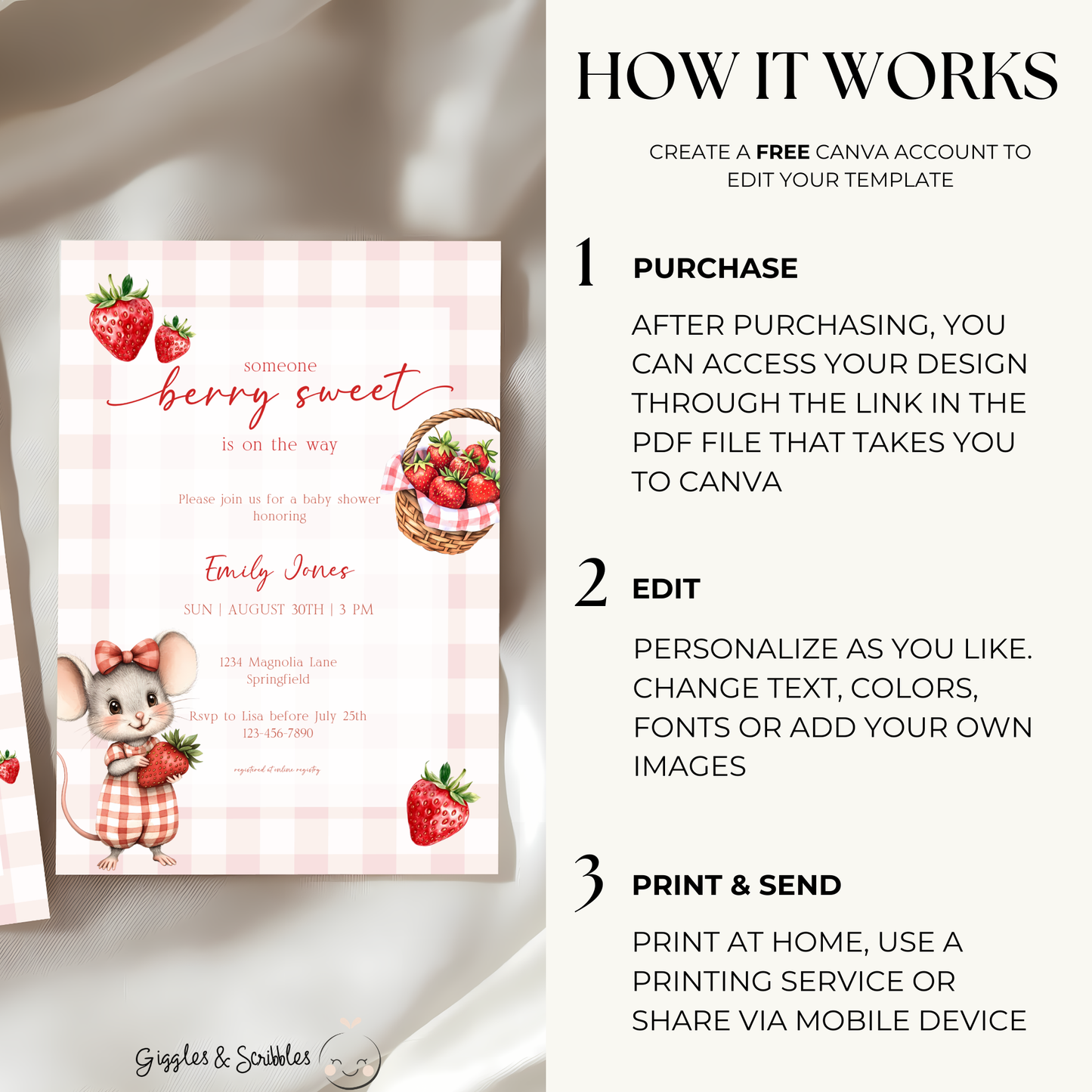 Baby Shower Invitation - Strawberry Summer Picnic with Cute Mouse BS138