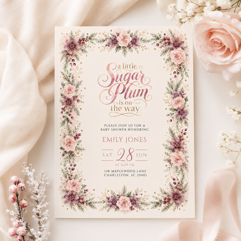 Sugar Plum Christmas Baby Shower Invitation BS329