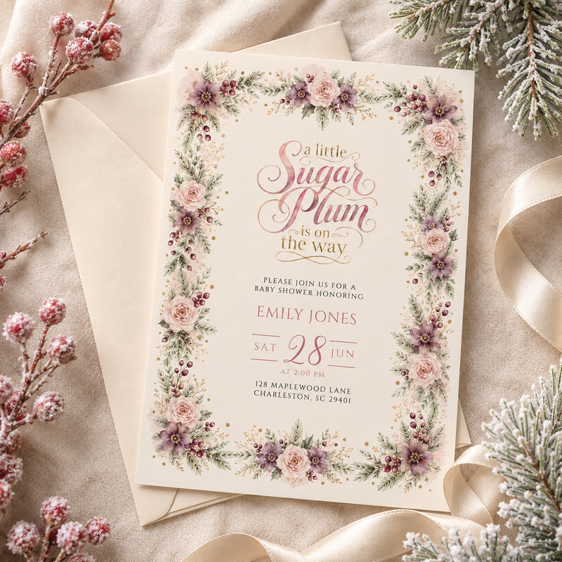 Sugar Plum Christmas Baby Shower Invitation BS329
