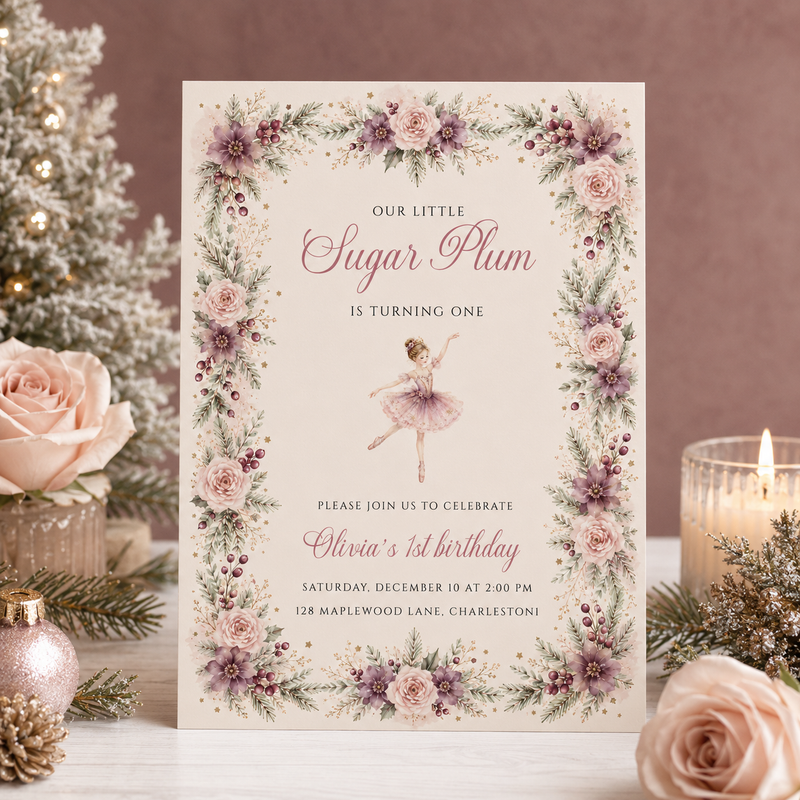 Sugar Plum First Birthday Invitation L167