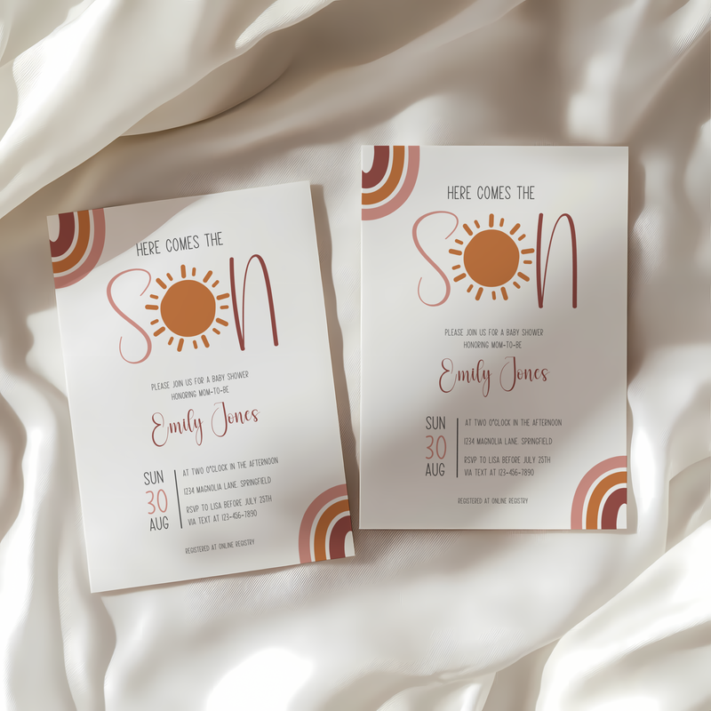 Baby Shower Invitation - Here Comes The Son Boho Neutral Colors BS129