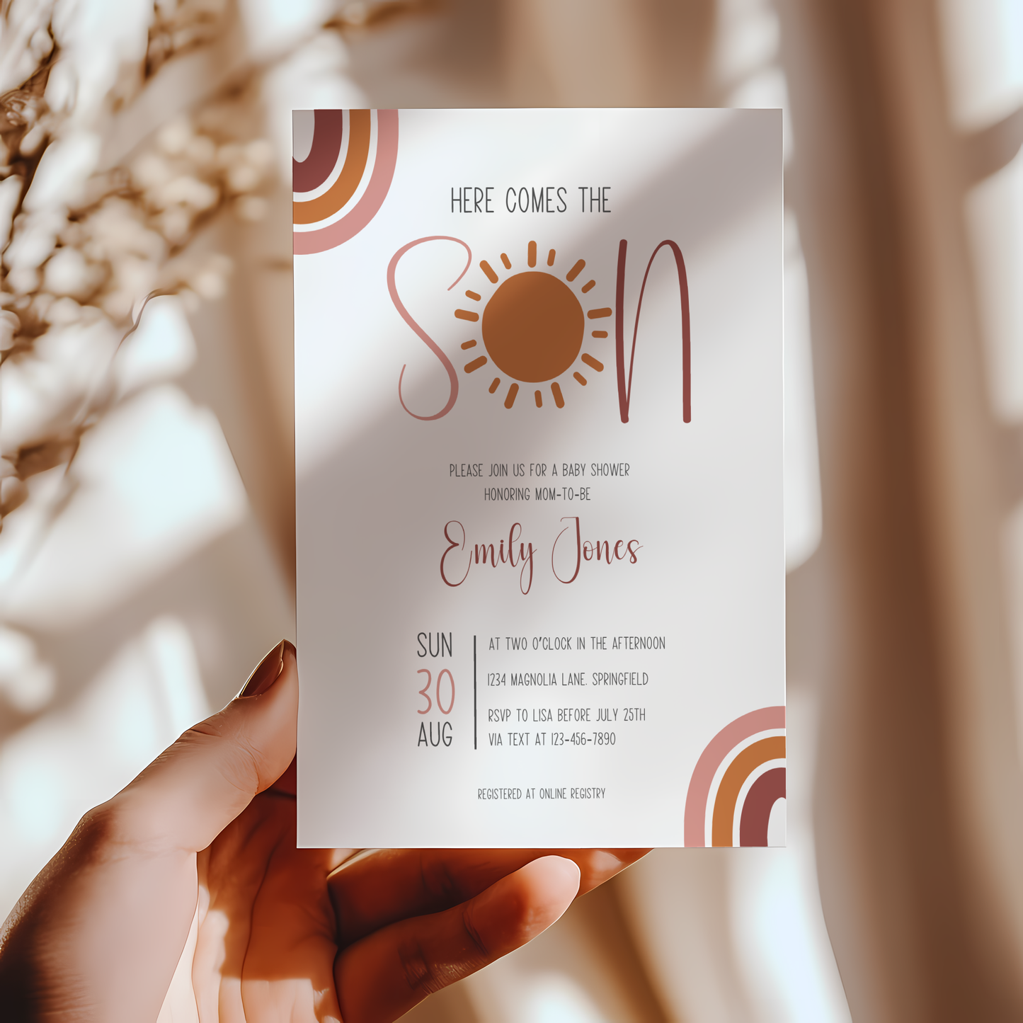 Baby Shower Invitation - Here Comes The Son Boho Neutral Colors BS129