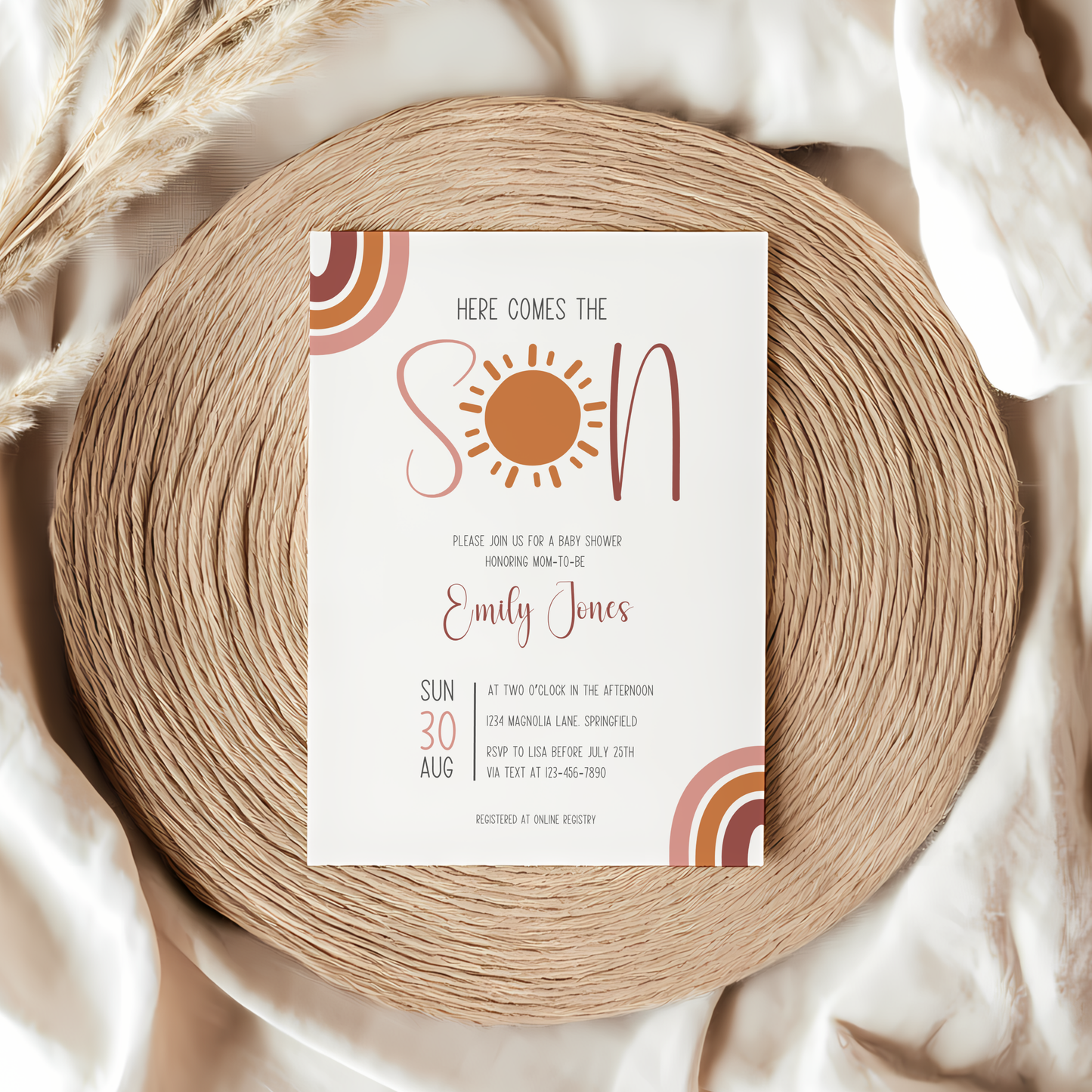 Baby Shower Invitation - Here Comes The Son Boho Neutral Colors BS129