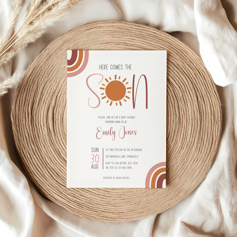 Baby Shower Invitation - Here Comes The Son Boho Neutral Colors BS129