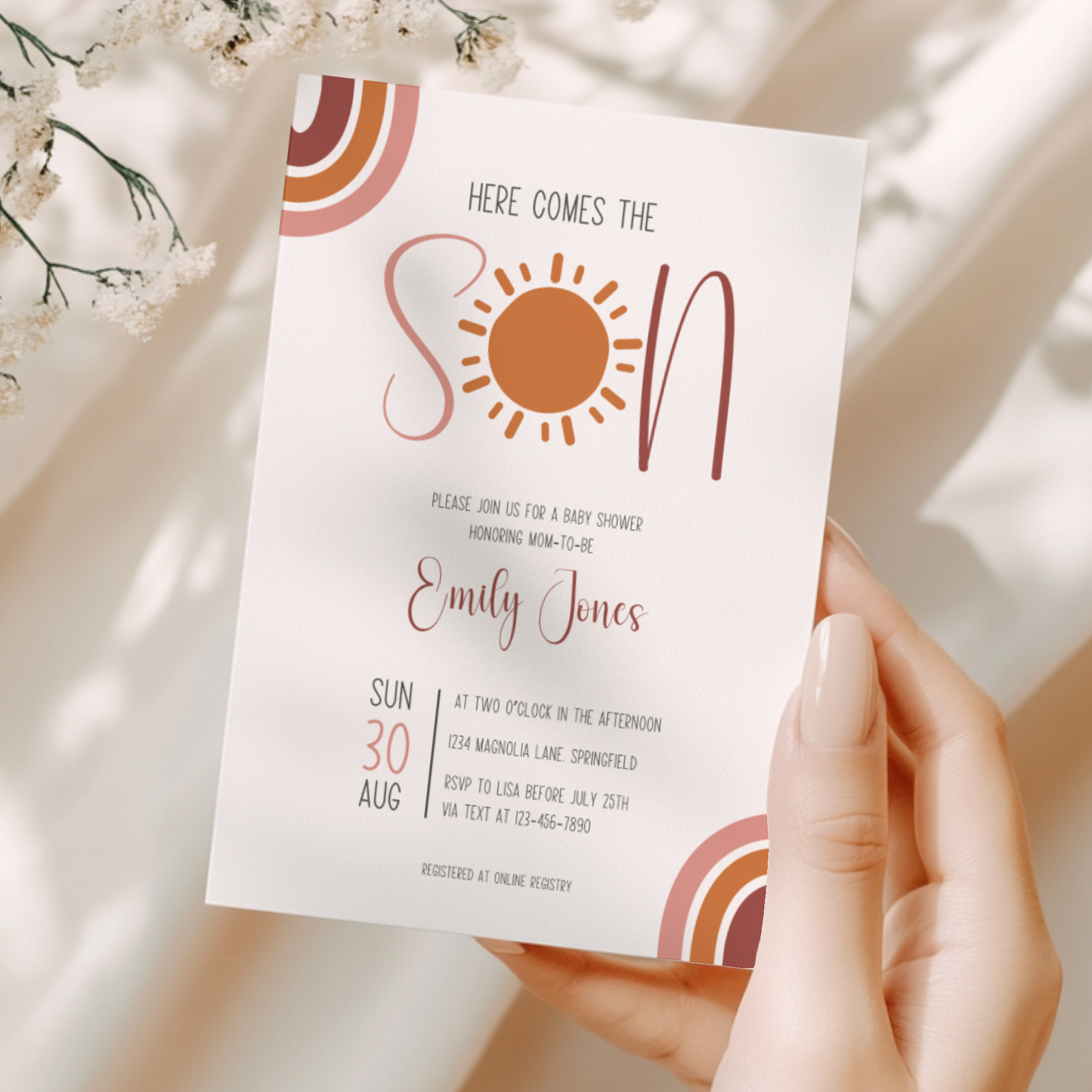 Baby Shower Invitation - Here Comes The Son Boho Neutral Colors BS129