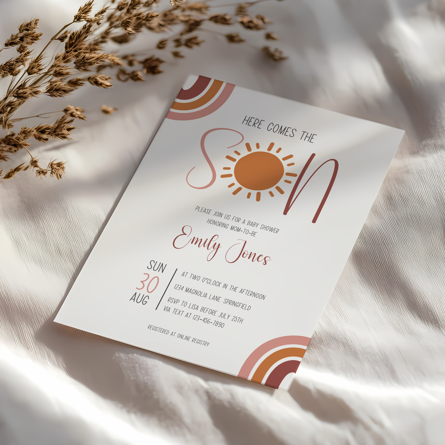 Baby Shower Invitation - Here Comes The Son Boho Neutral Colors BS129