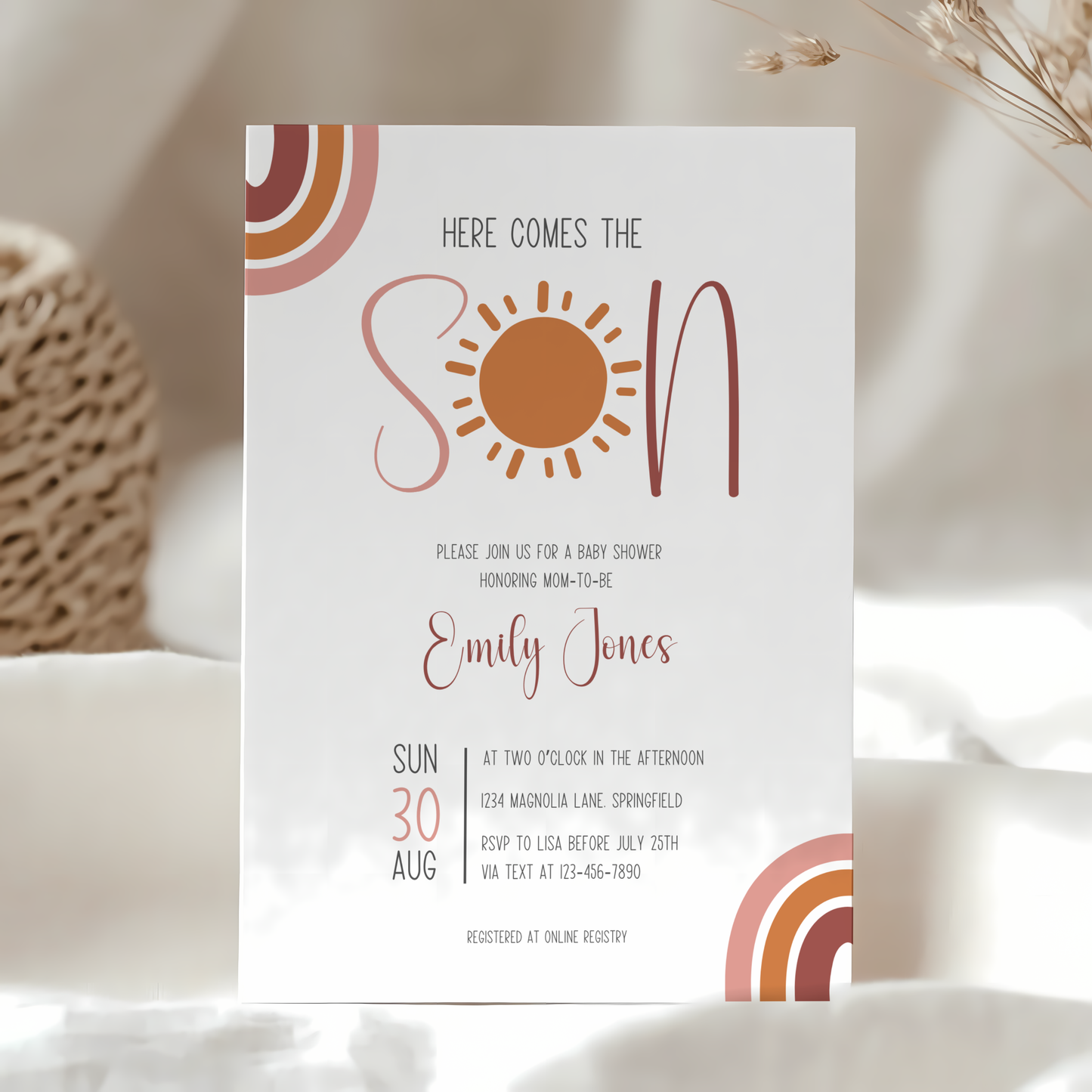 Baby Shower Invitation - Here Comes The Son Boho Neutral Colors BS129