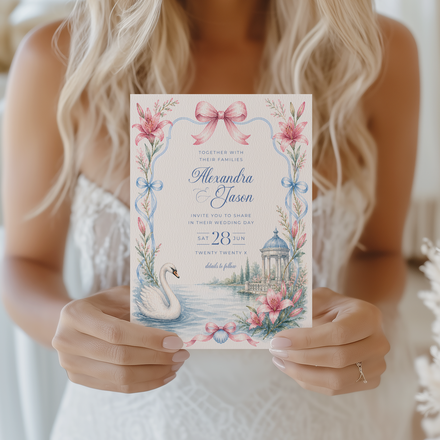 Swan Wedding Invitation - Romantic Garden Theme L134