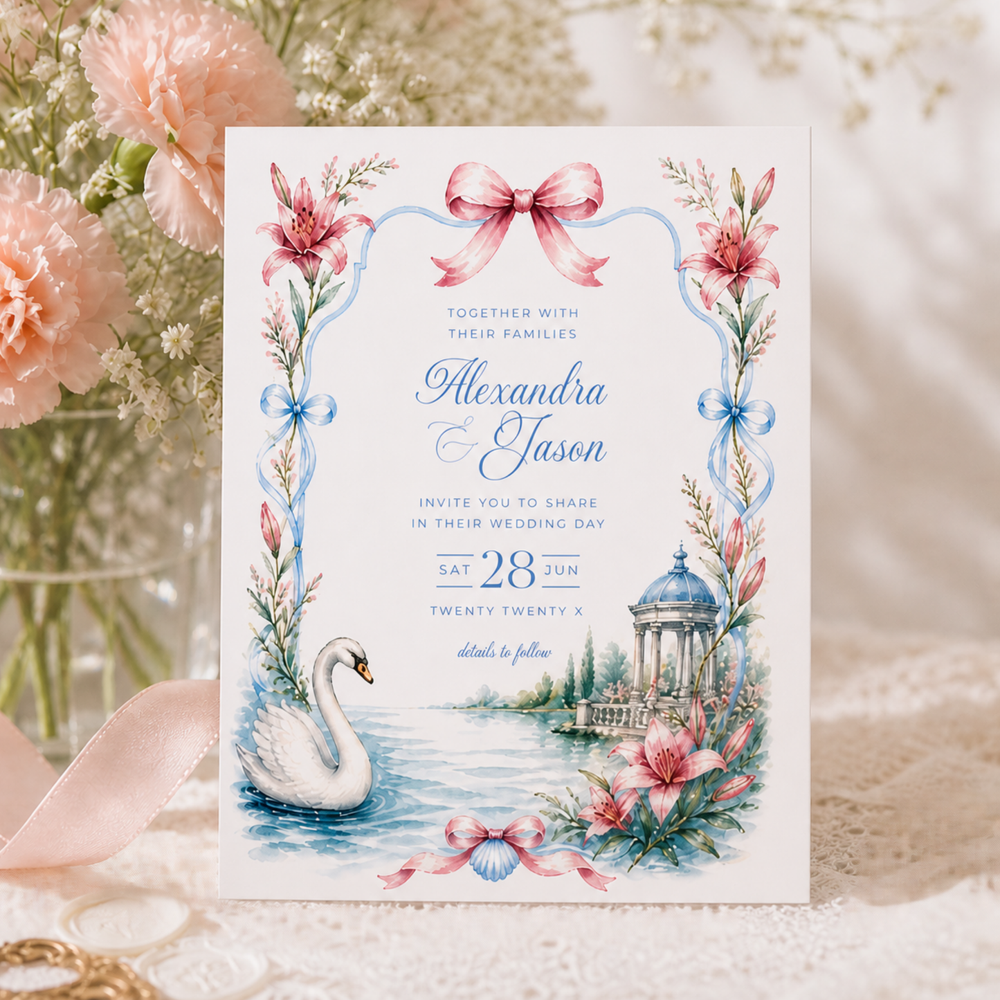 Swan Wedding Invitation - Romantic Garden Theme L134