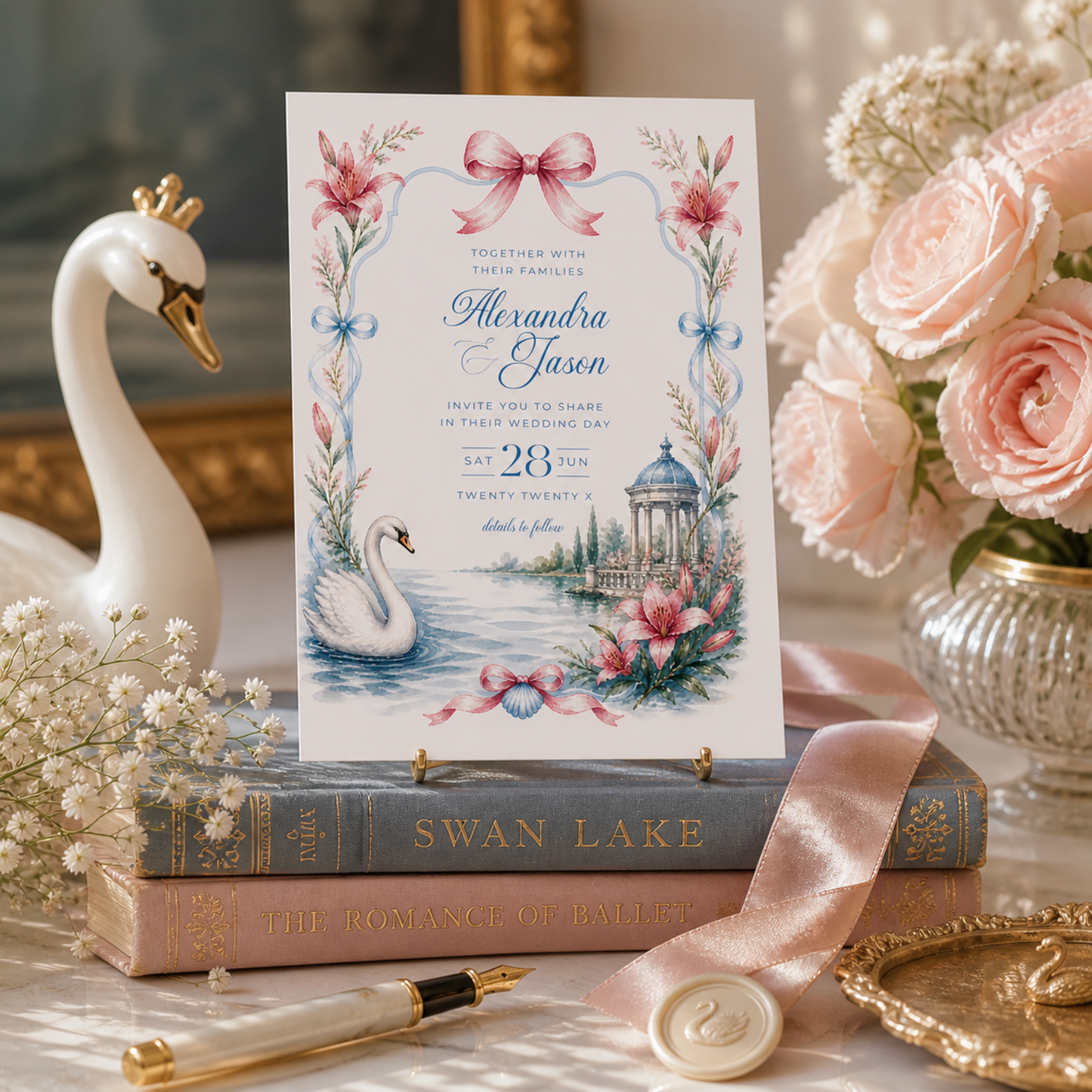 Swan Wedding Invitation - Romantic Garden Theme L134