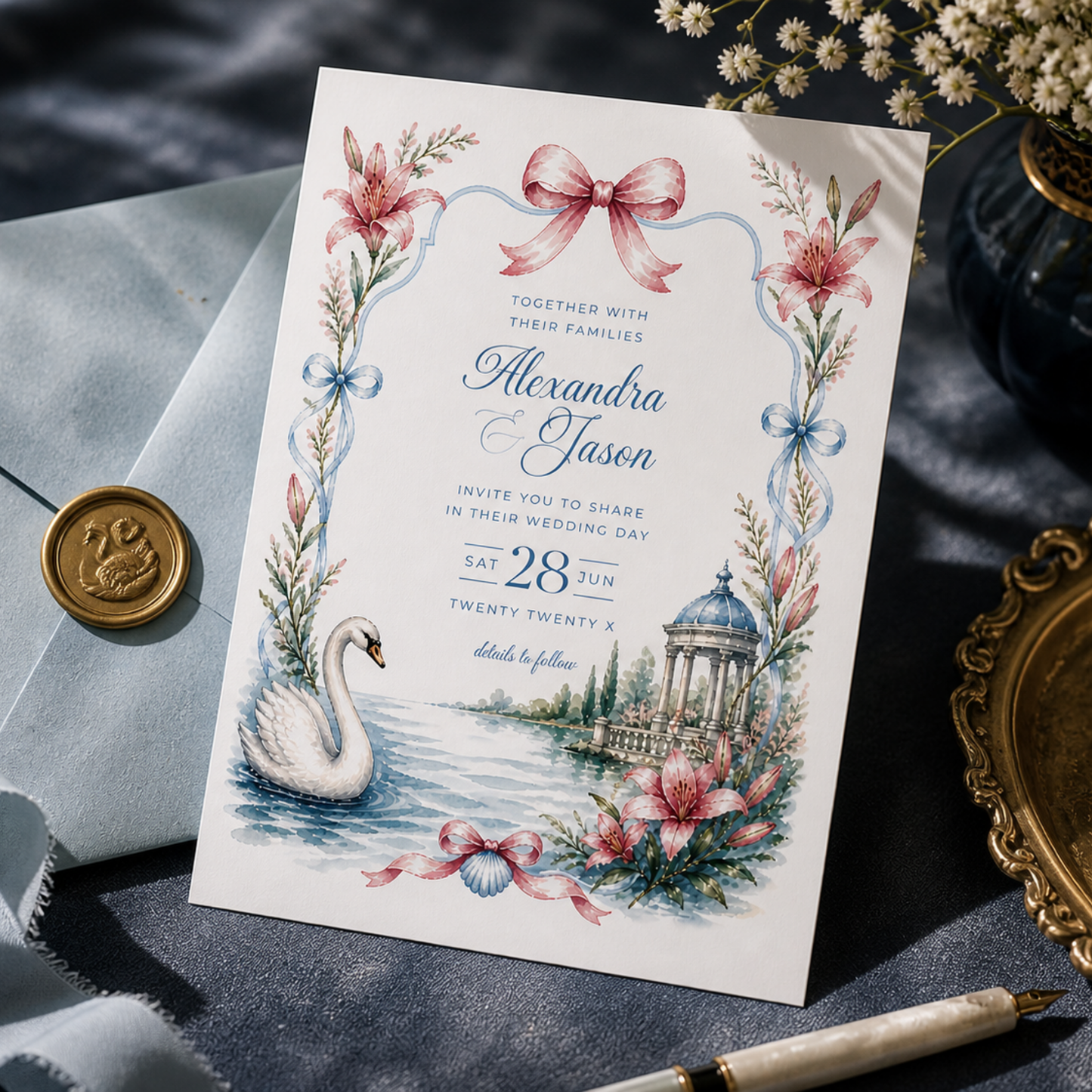 Swan Wedding Invitation - Romantic Garden Theme L134