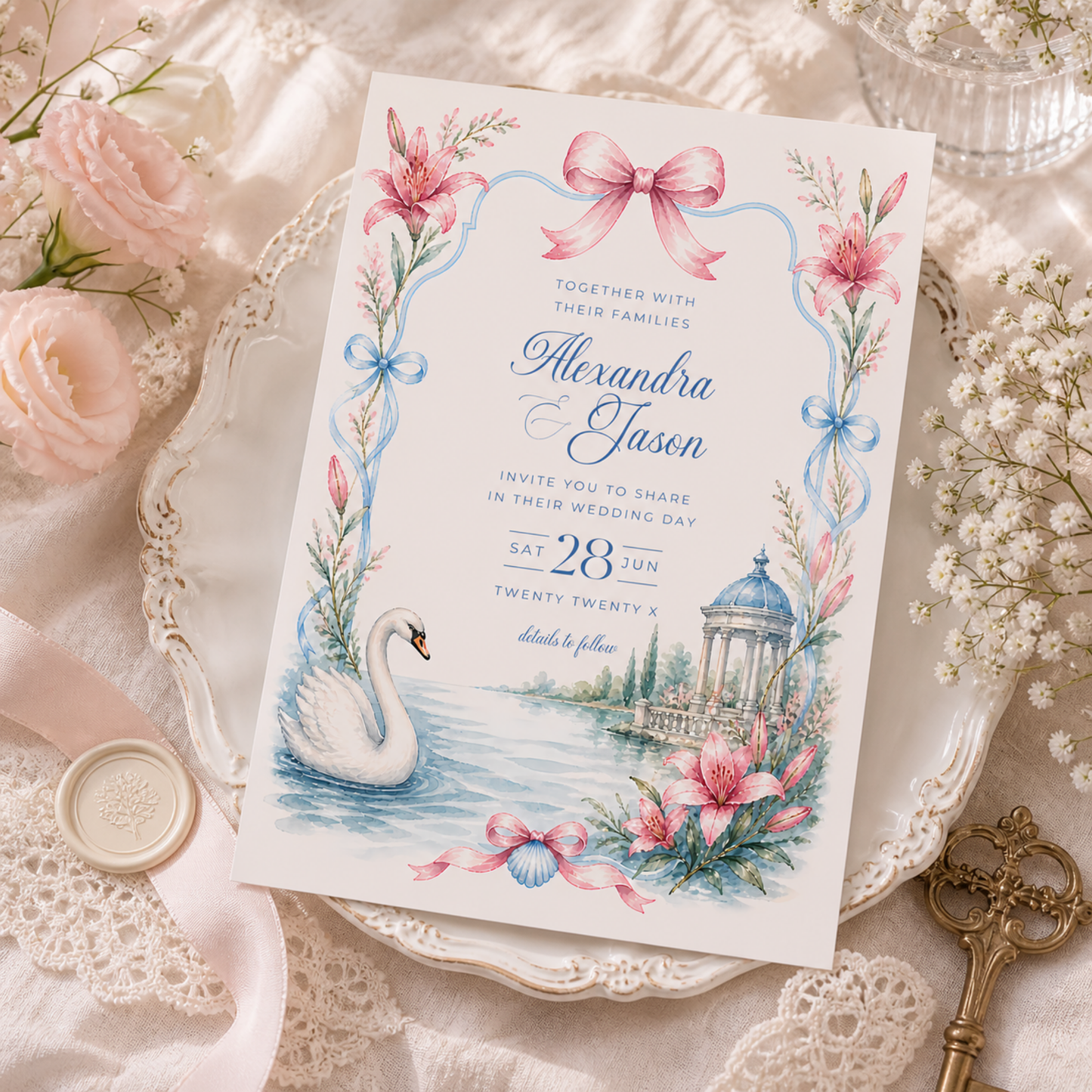 Swan Wedding Invitation - Romantic Garden Theme L134