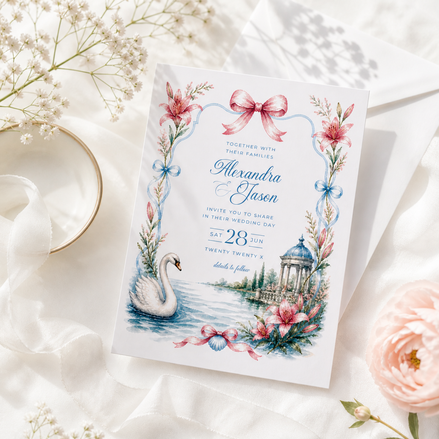 Swan Wedding Invitation - Romantic Garden Theme L134