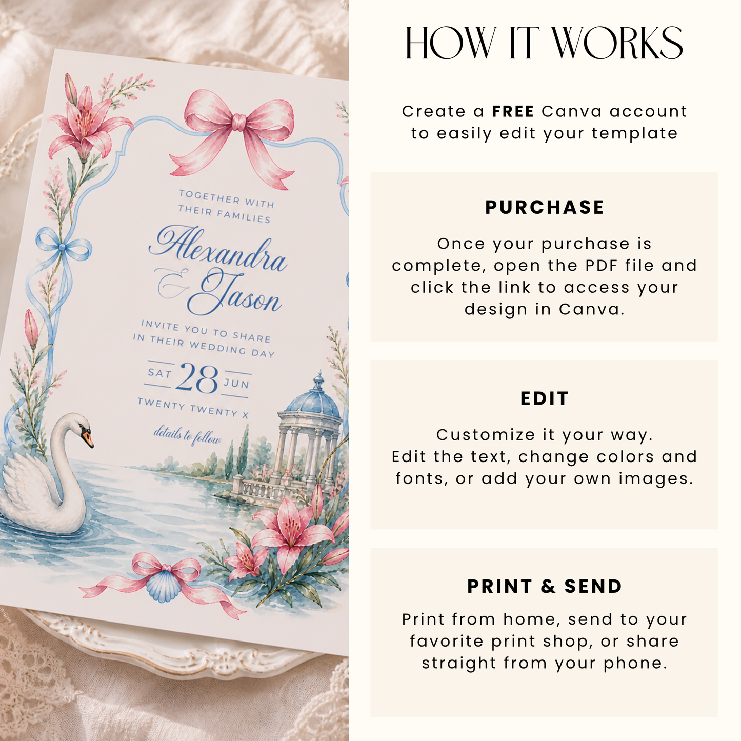 Swan Wedding Invitation - Romantic Garden Theme L134