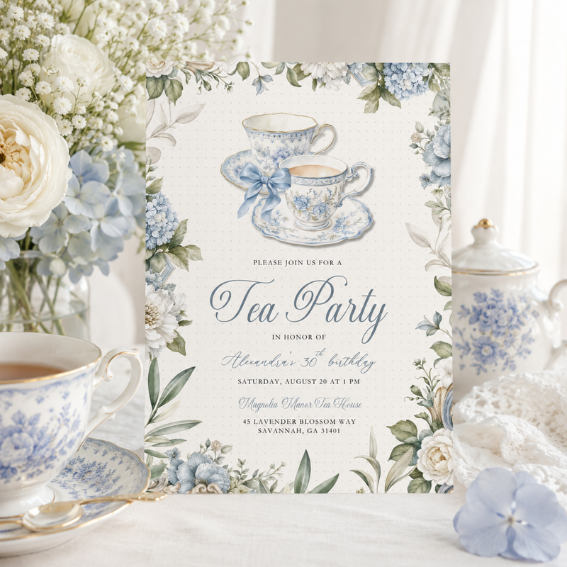 Blue Toile Tea Party Invitation L150