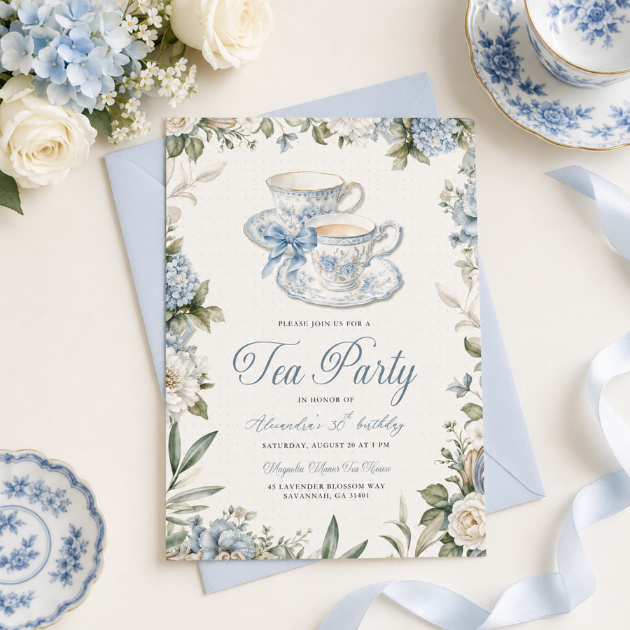 Blue Toile Tea Party Invitation L150