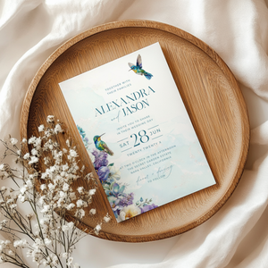 Hummingbird Teal Floral Wedding Invitation L129