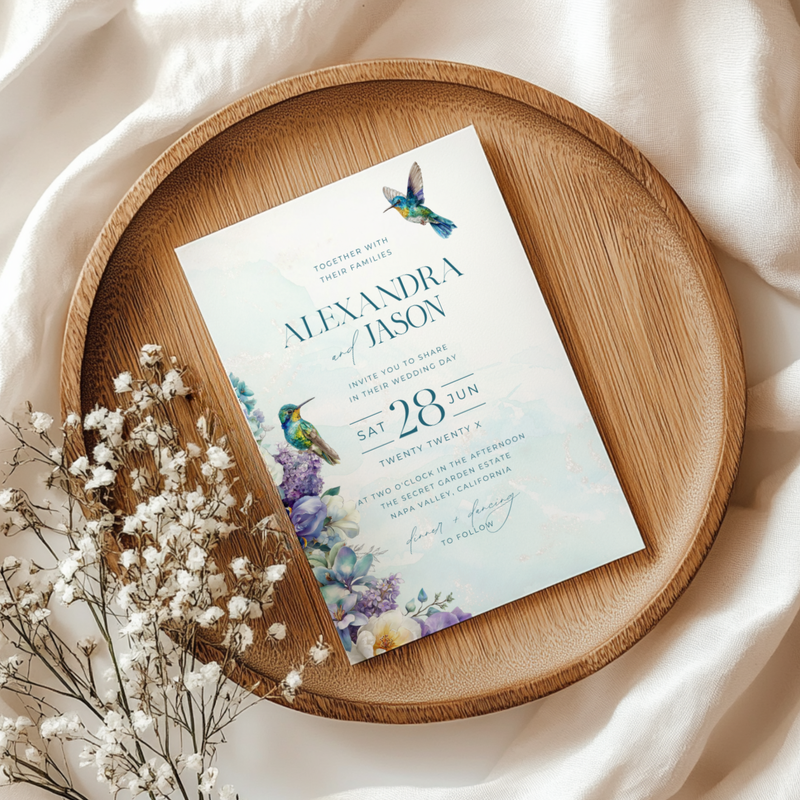 Hummingbird Teal Floral Wedding Invitation L129