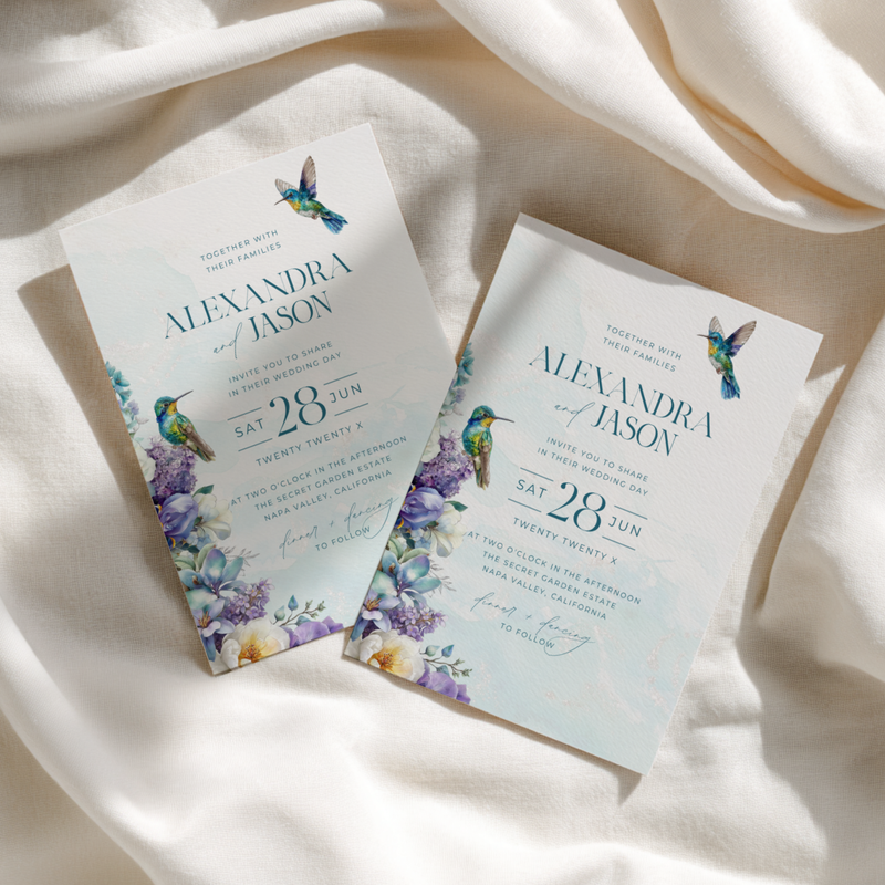 Hummingbird Teal Floral Wedding Invitation L129