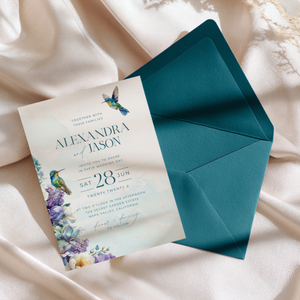Hummingbird Teal Floral Wedding Invitation L129