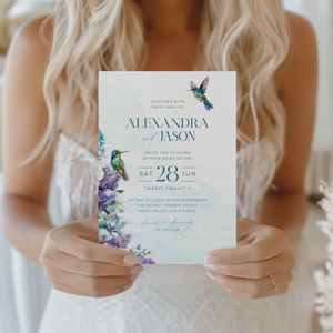 Hummingbird Teal Floral Wedding Invitation L129