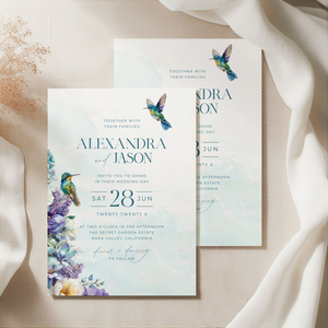 Hummingbird Teal Floral Wedding Invitation L129