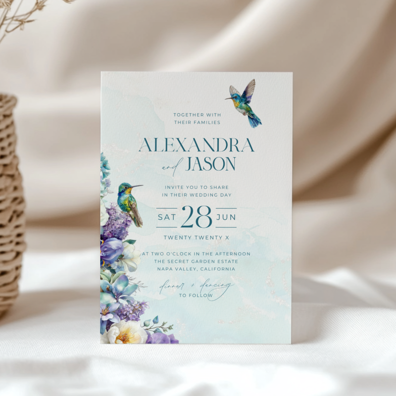 Hummingbird Teal Floral Wedding Invitation L129