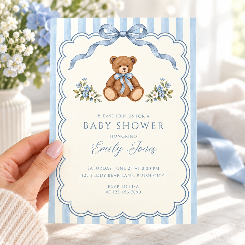 Blue Teddy Bear Baby Shower Invitation BS342