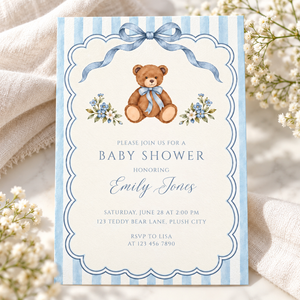 Blue Teddy Bear Baby Shower Invitation BS342