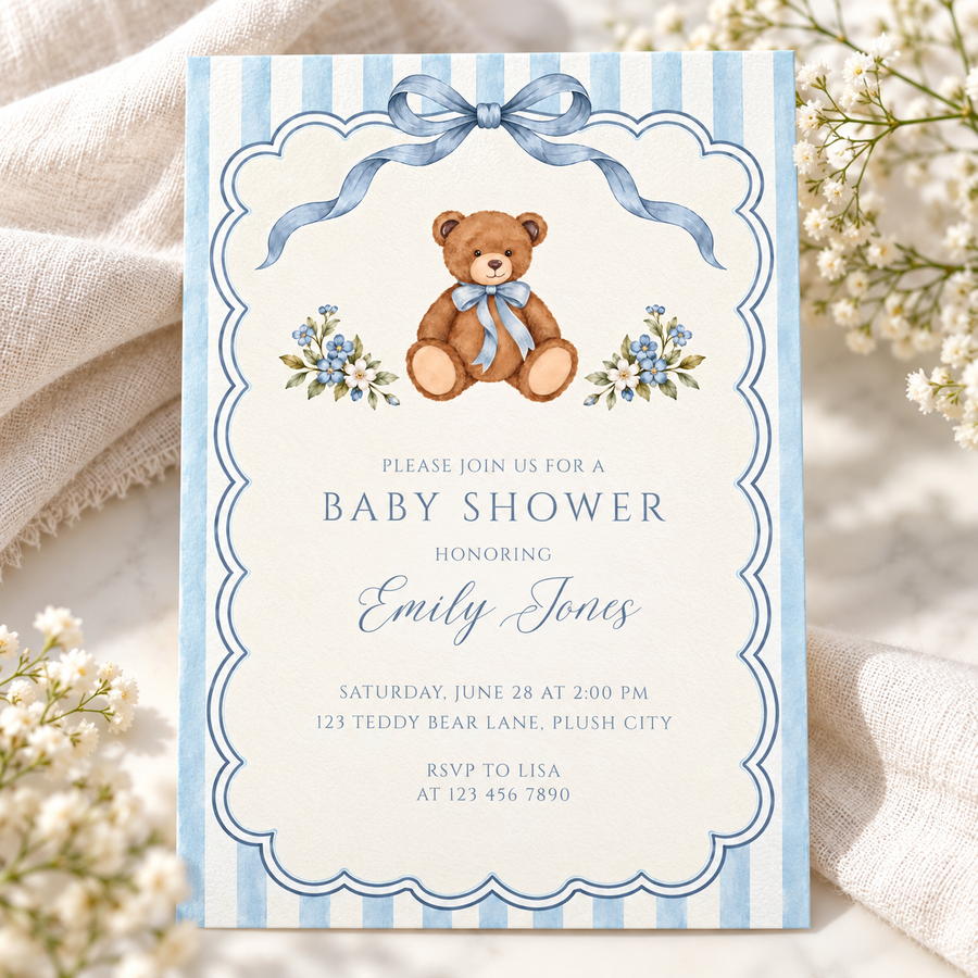 Blue Teddy Bear Baby Shower Invitation BS342
